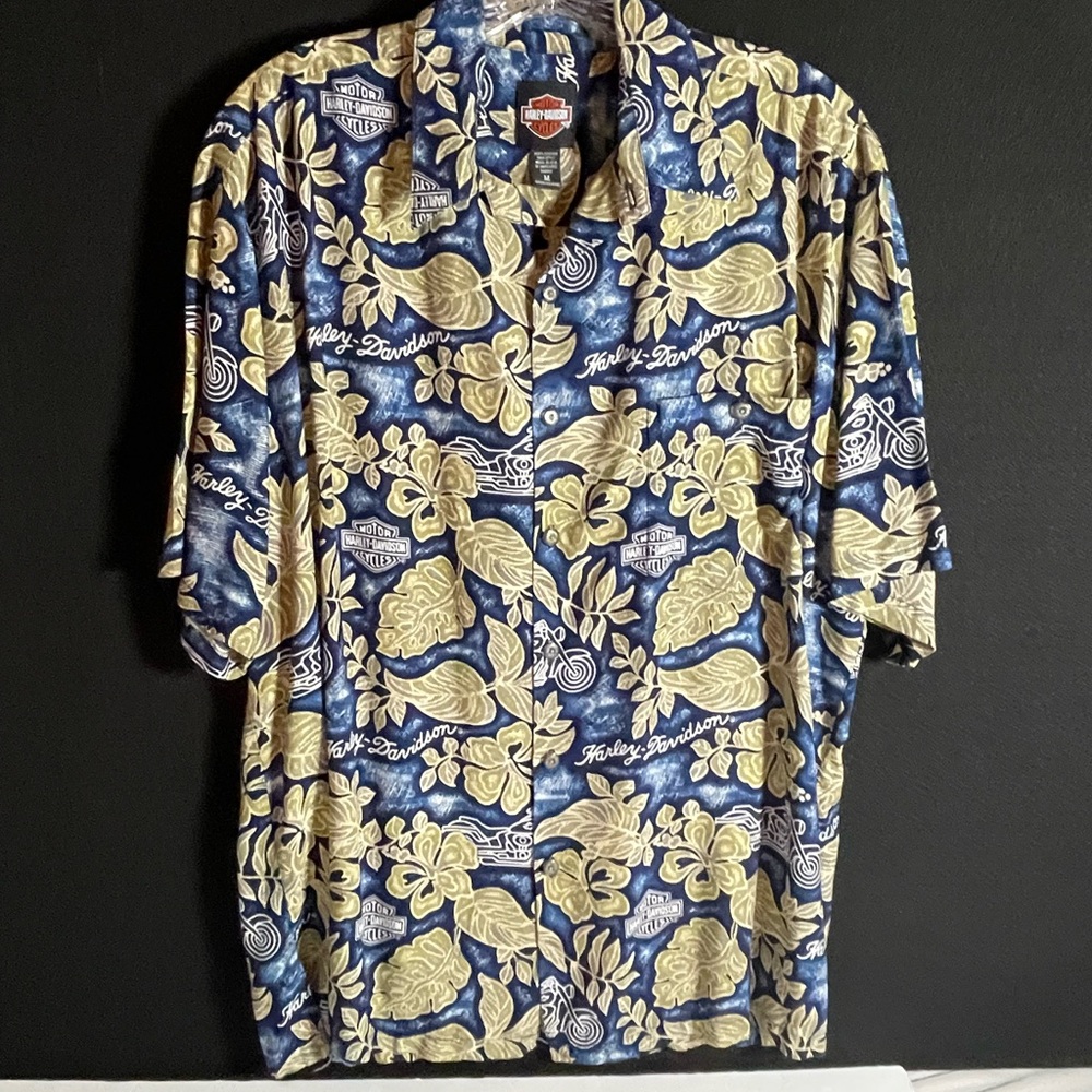 Harley-Davidson blue and green tropical SS Hawaiian button down shirt. Med